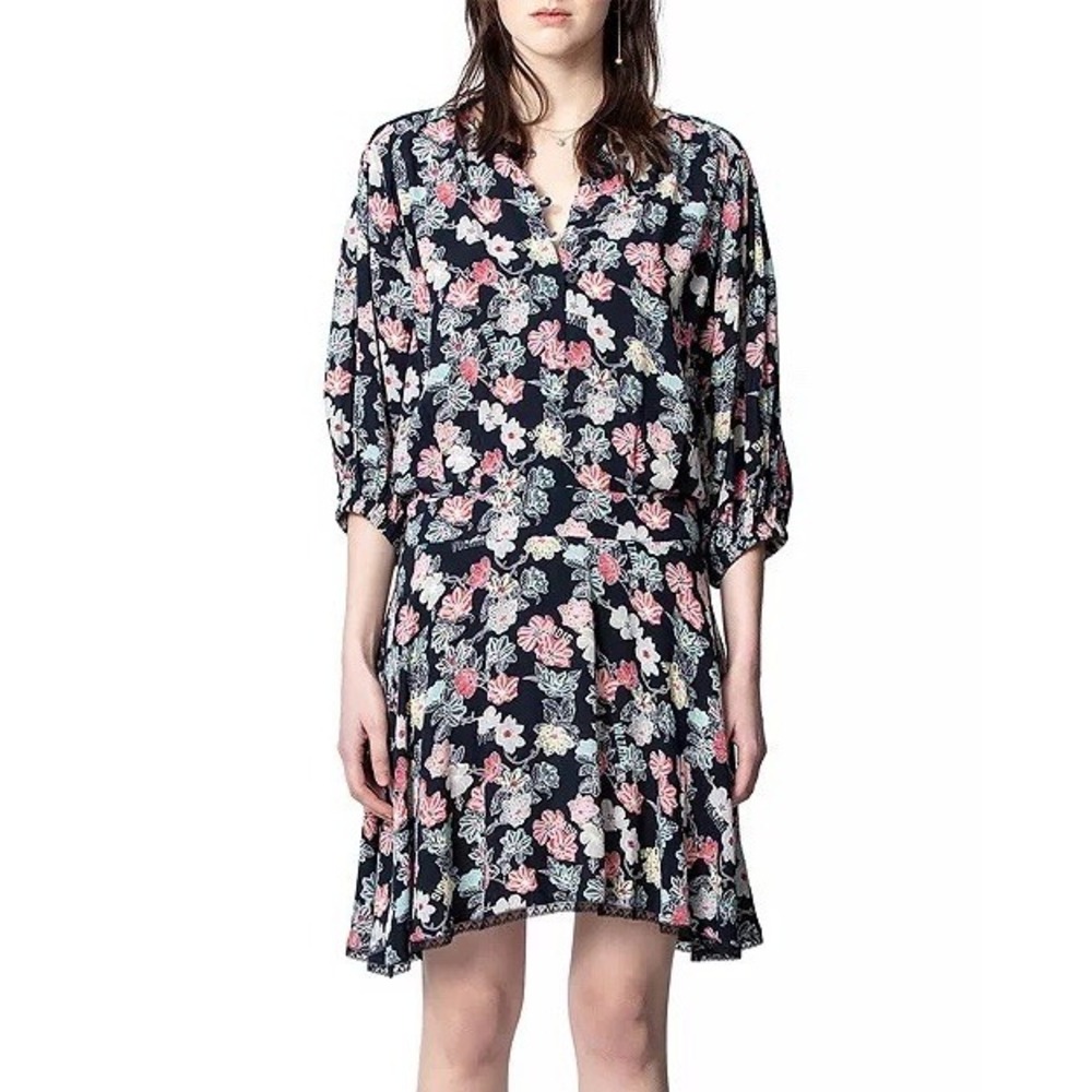 Zadig & Voltaire Raspali Print Mini Dress Sz Small Floral Drop Waist Puff Sleeve - Picture 2 of 10